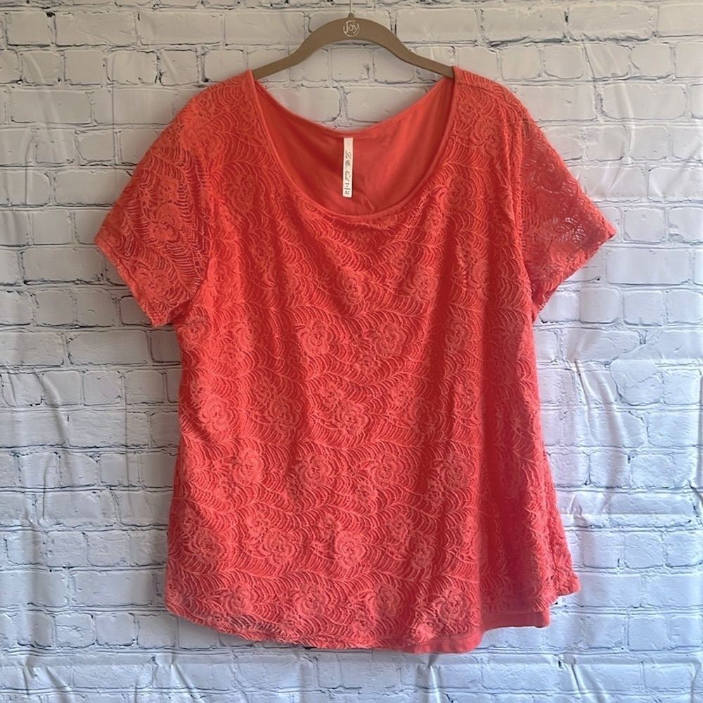 Leo‎ and Nicole lace lined blouse coral short sleeve be shirt woman’s size XL
